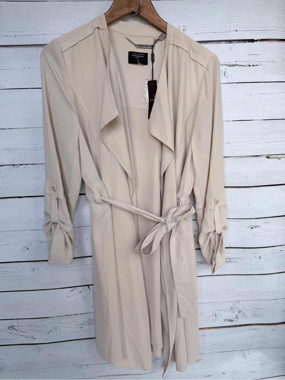 NWT Tahari Draped Open Front Roll Tab Sleeve Trench Jacket - Large